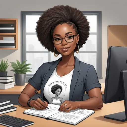 Prompt: Illustration A Black African American woman who customized notebooks and Tshirts. She is at her desk while she pack the orders. She in a confident pose 