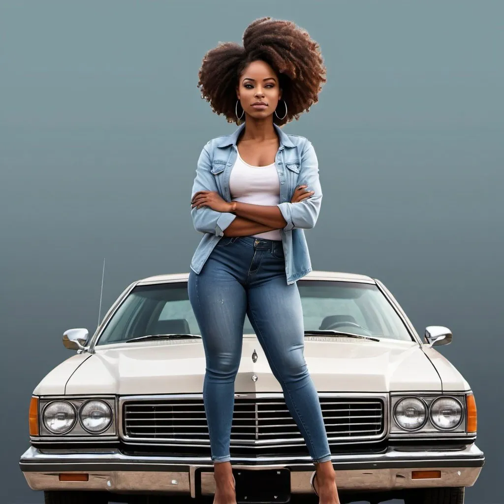 Prompt: Illustration A black African American woman standing on the car or sitting on the car she in a confident pose.