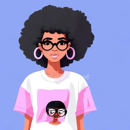 Prompt: Illustration digital Black African American woman with a low haircut. She has earrings on and glasses and she have on blue jeans and pink&white chunky sneakers and she has on a pink and white & gray shirt. She is in a confident pose.