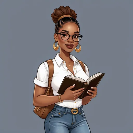 Prompt: Illustration Black African American woman with her hair in a bun cartoon character Brownskin with brown eyes with Glasses on and gold earrings. She has on a denim jeans on with white shirt holding a book in her hand.