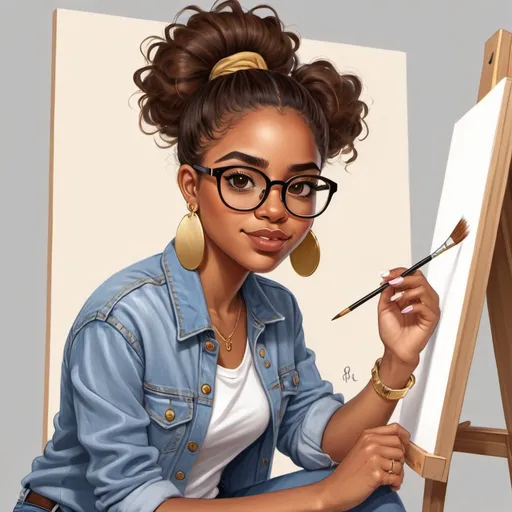 Prompt: Illustration cartoon character Brownskin with brown eyes with Glasses on and gold earrings. She has on a denim jeans on with white shirt and chunky sneakers on. She painting a picture of herself.