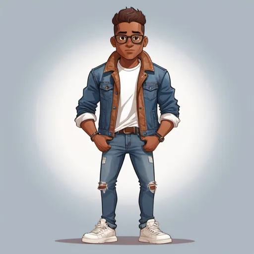 Prompt: Full-body cartoon illustration of a stylish, brown-skinned character, denim jeans, jacket, white shirt, chunky sneakers, brown eyes, wearing glasses 