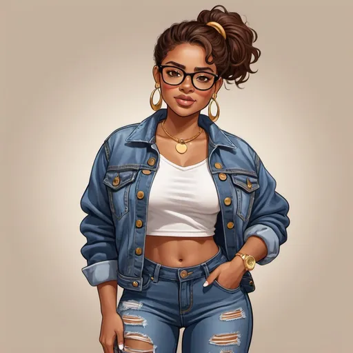 Prompt: Illustration full body picture cartoon character Brownskin with brown eyes with Glasses on and gold earrings. She has on a denim jeans on and jacket with white shirt and chunky sneakers on.