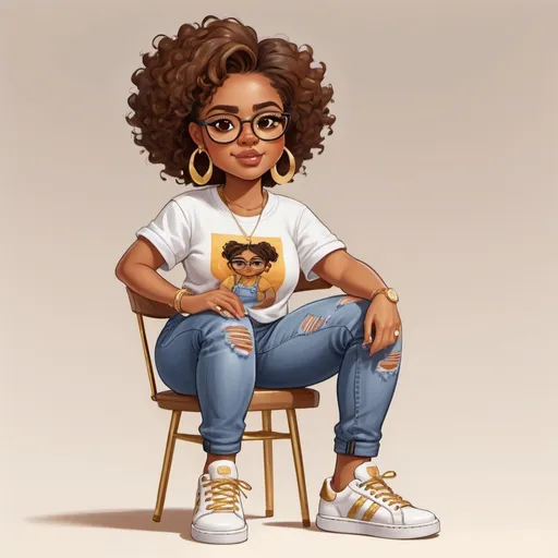 Prompt: Illustration cartoon character Brownskin with brown eyes with Glasses on and gold earrings. She has on a denim jeans on with white shirt and chunky sneakers on. She painting a picture of herself.