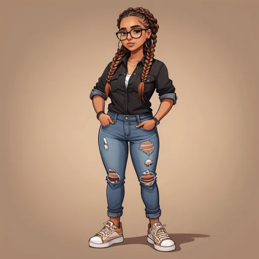 Prompt: Full-body women with braids cartoon illustration of a stylish, brown-skinned character, denim jeans, black shirt, chunky sneakers, brown eyes, wearing glasses 