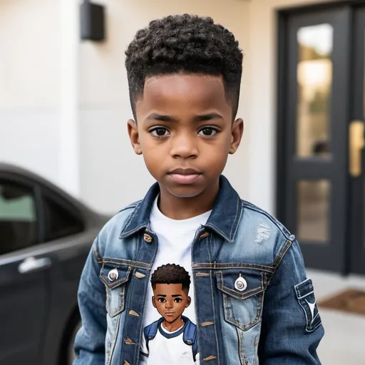 Prompt: Black African American boy have his haircut. He on his way to school with blue jeans and Jordan on and jean jacket custom made.