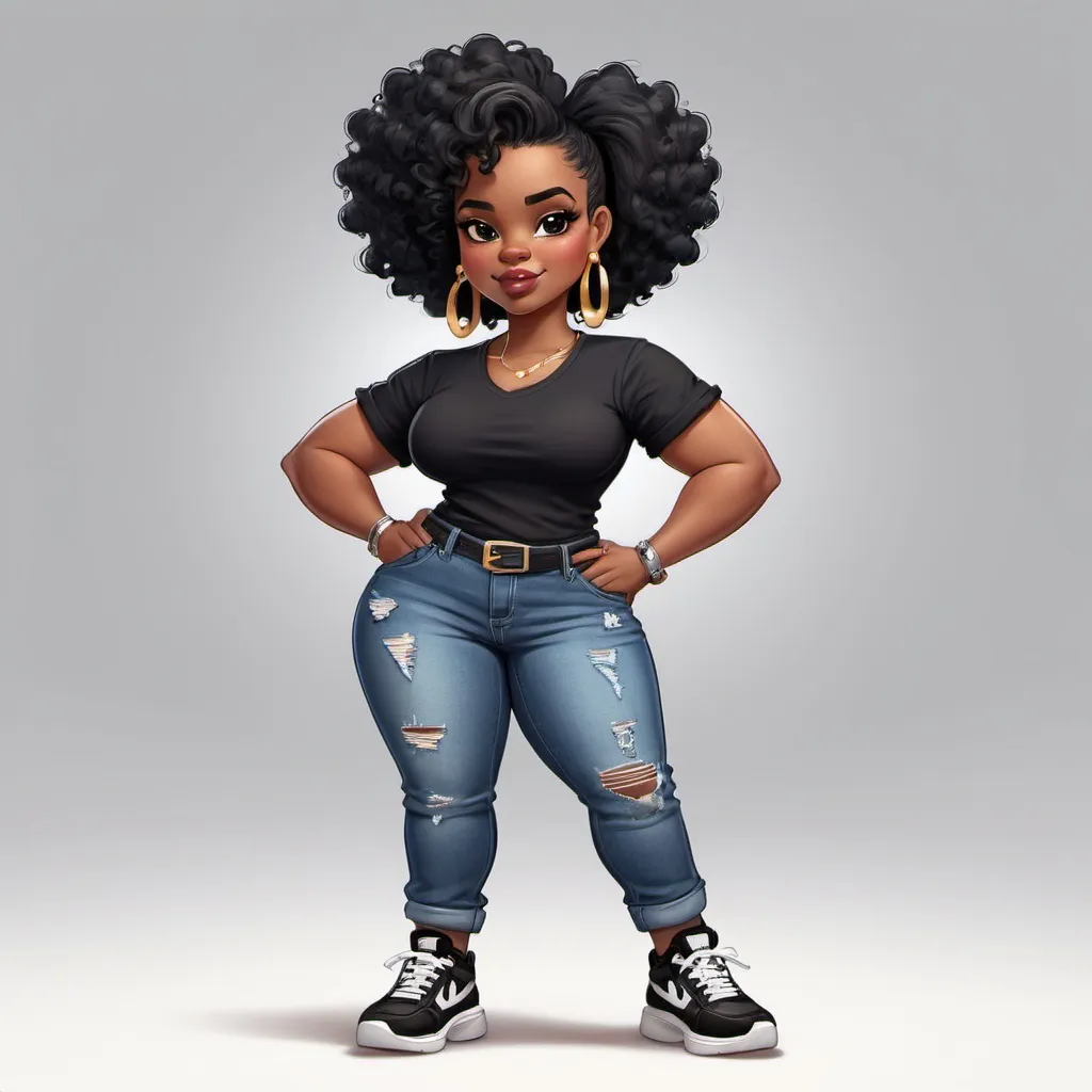 Prompt: Illustration Character A black African American Betty Boo with earrings and jeans and a black shirt on with black chunky sneakers on. In a confident pose.