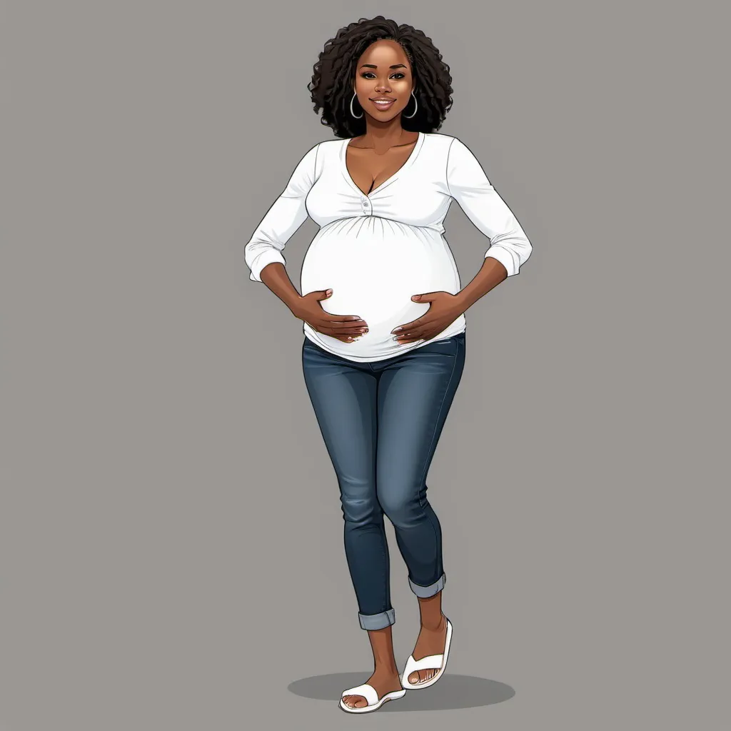 Prompt: Illustration Full body picture Black African American Woman is pregnant she 6 months. She wearing jeans and a white shirt on with white filpflops she in a confident pose.