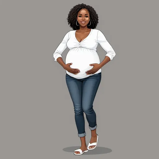 Prompt: Illustration Full body picture Black African American Woman is pregnant she 6 months. She wearing jeans and a white shirt on with white filpflops she in a confident pose.