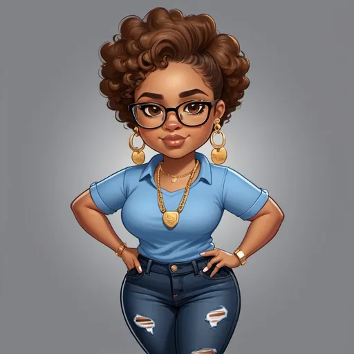 Prompt: Illustration cartoon character Brownskin with brown eyes with Glasses on and gold earrings. She has on black jeans on with blue shirt and chunky sneakers on. She is in a confident pose.