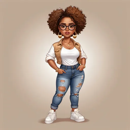 Prompt: Illustration cartoon character Brownskin with brown eyes with Glasses on and gold earrings. She has on a denim jeans on with white shirt and chunky sneakers on full body picture 