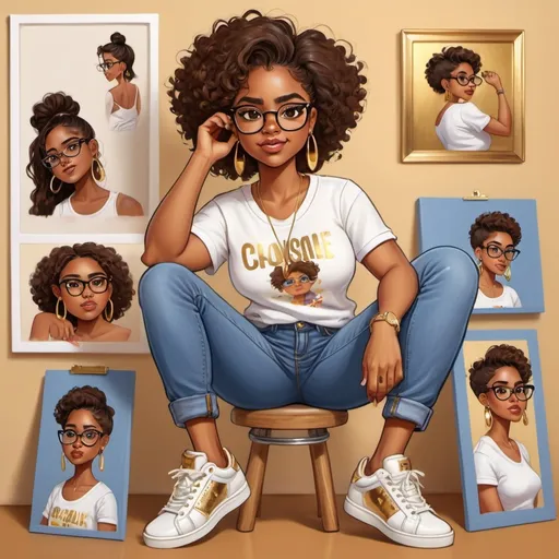 Prompt: Illustration cartoon character Brownskin with brown eyes with Glasses on and gold earrings. She has on a denim jeans on with white shirt and chunky sneakers on. She painting a picture of herself.