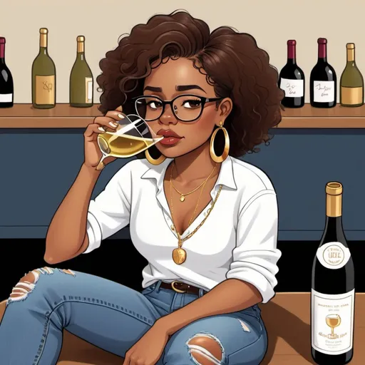 Prompt: Illustration cartoon character Brownskin with brown eyes with Glasses on and gold earrings. She has on a denim jeans on with white shirt and chunky sneakers on. Siting drinking wine while she is depressed.