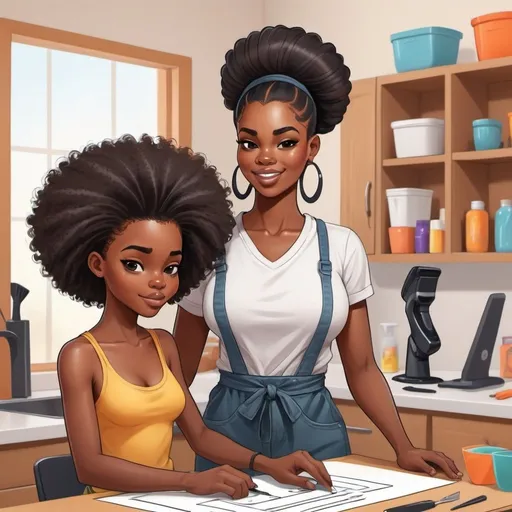 Prompt: Illustration A cartoon character black African American woman straight hair cut into a bod at home preparing orders for her business. Boyfriend and kids are helping out.