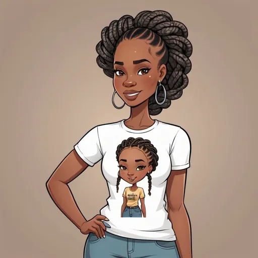 Prompt: Illustration cartoon character a black African American woman with braids is standing holding her craft tshirt she made. She in a confident pose