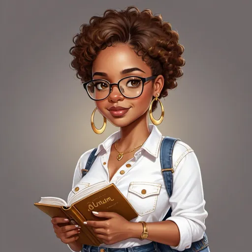 Prompt: Illustration cartoon character Brownskin with brown eyes with Glasses on and gold earrings. She has on a denim jeans on with white shirt holding a book in her hand.