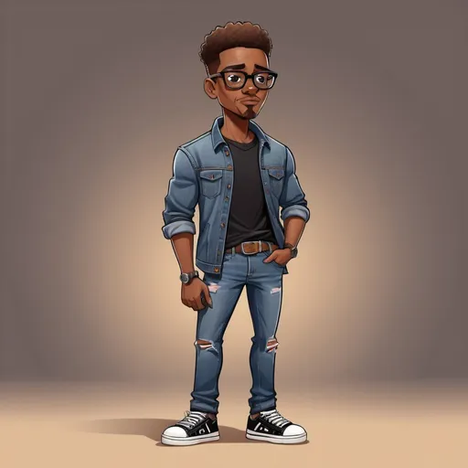 Prompt: Full-body black African American cartoon illustration of a stylish, brown-skinned character, denim jeans, black shirt, chunky sneakers, brown eyes, wearing glasses 