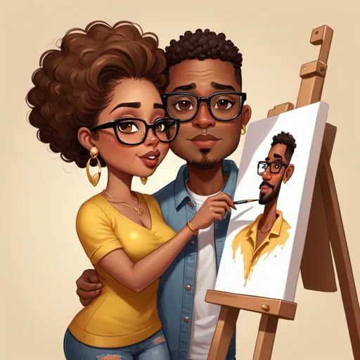 Prompt: Full body image Illustration cartoon character Brownskin and thick with brown eyes with Glasses on and gold earrings. She is painting a picture of her boyfriend kissing 