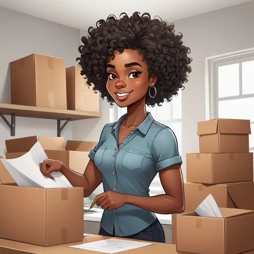 Prompt: Illustration A cartoon character black African American woman curly hair cut into a bod at home packing orders for her business 