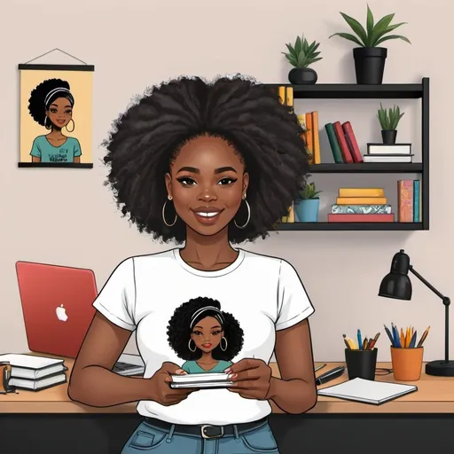 Prompt: Illustration A Black African American woman who customized notebooks and Tshirts. She hold up her customize notebook in her hand.