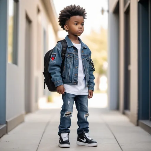 Prompt: Full body picture Black African American boy have his haircut. He on his way to school with blue jeans and Jordan on and jean jacket custom made.