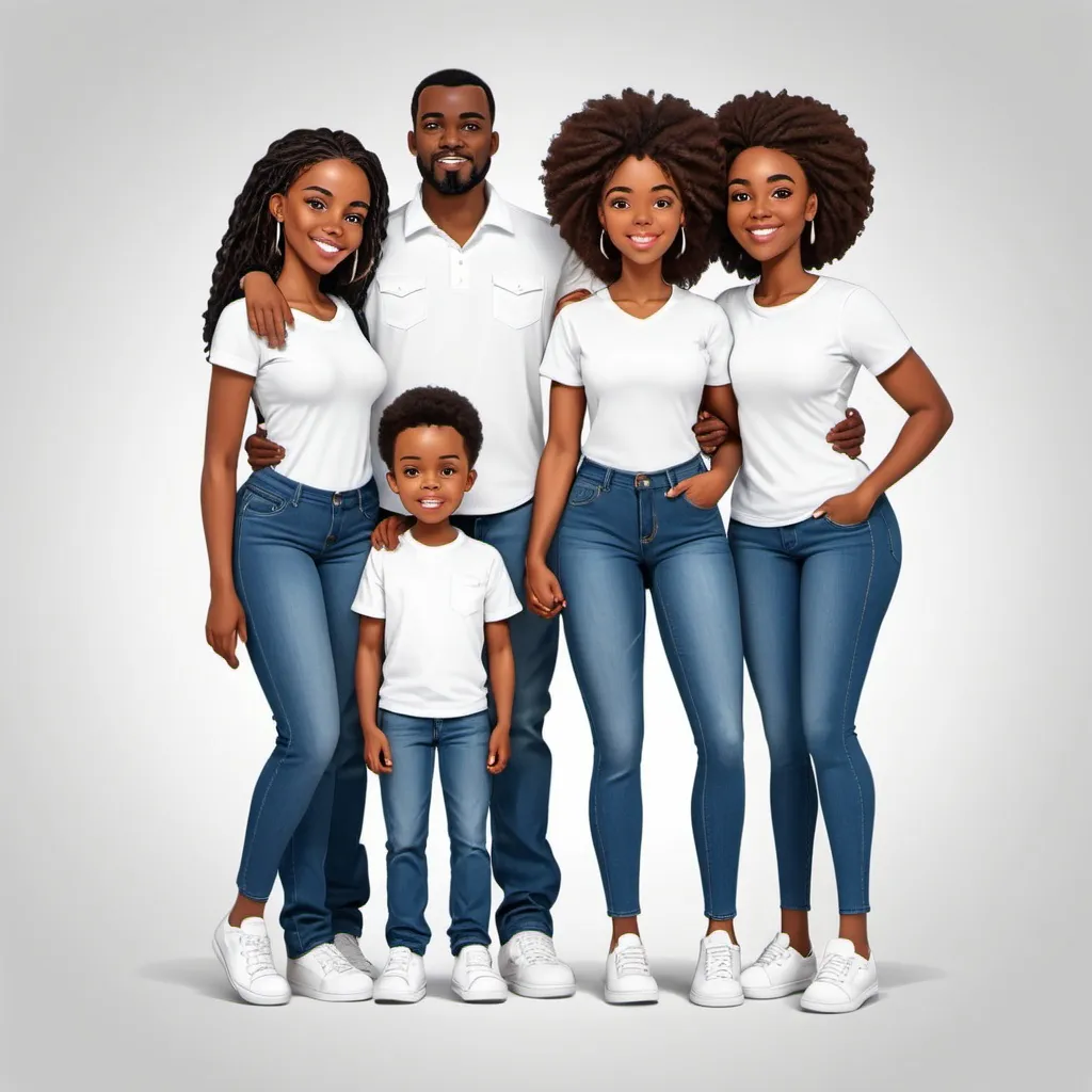 Prompt: Illustration Animate black African American family 
Wearing denim jeans and white shirt and white sneakers. In Different poses 