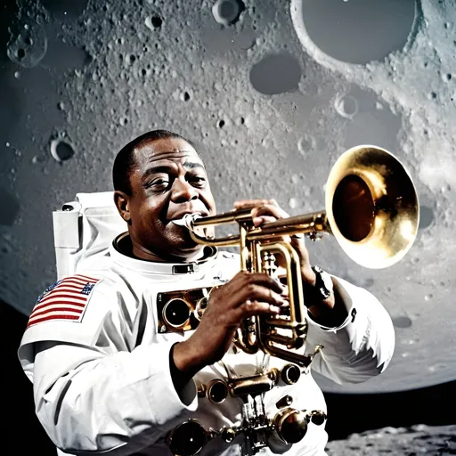 Prompt: Louis Armstrong playing trumpet on the moon in space suit.