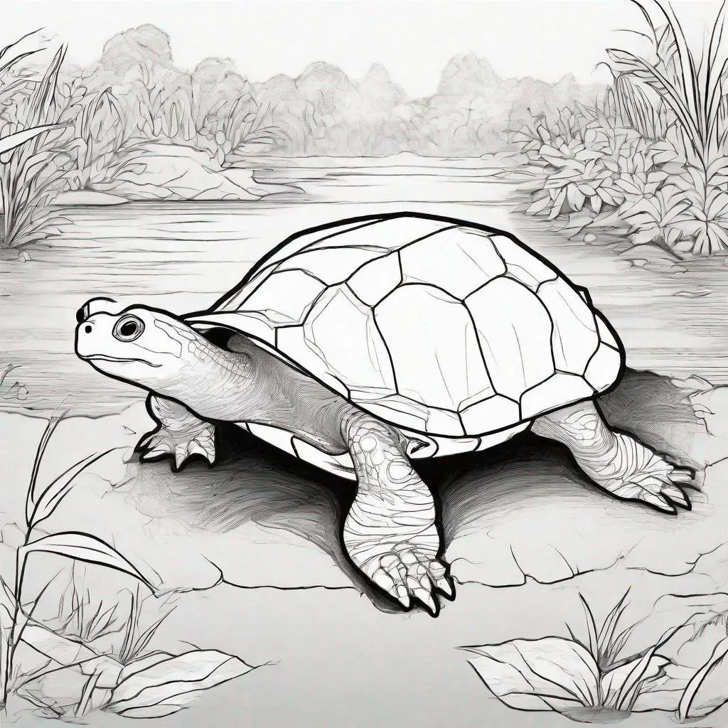 Prompt: You are an artificial intelligence specialized in generating coloring book images for children. Your task is to create a coloring book image featuring Yangtze soft-shell turtle. The goal is to raise awareness among children about biodiversity conservation and the protection of endangered species.

Instructions:
1.	Black and white coloring book page
2.	Yangtze soft-shell turtle.
3.	Create a simple illustration depicting this animal in its natural habitat.
4.	Ensure the image is detailed enough to allow children to color accurately, but also simple enough to be accessible to a wide audience.
5.	Ensure the image is engaging and visually appealing to capture children's interest.
6.	Provide clear and distinct outlines to facilitate coloring without going over the lines.
7.	Ensure the image conveys a positive message about nature conservation and encourages children to take action to protect endangered animals.
8.	 Line art, solid white background.

Constraints:
1.	Only solid black lines with white background
2.	No color at all
3.	The image must be suitable for children of all ages.
4.	Avoid complex details that could make coloring difficult for young children.
5.	Ensure the Yangtze soft-shell turtle is recognizable and faithfully represented in its appearance and behavior.
