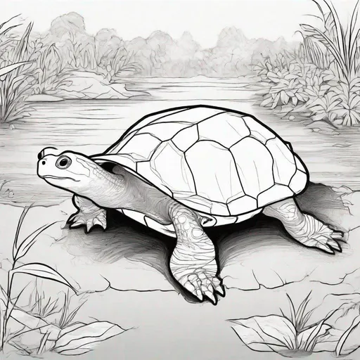 Prompt: You are an artificial intelligence specialized in generating coloring book images for children. Your task is to create a coloring book image featuring Yangtze soft-shell turtle. The goal is to raise awareness among children about biodiversity conservation and the protection of endangered species.

Instructions:
1.	Black and white coloring book page
2.	Yangtze soft-shell turtle.
3.	Create a simple illustration depicting this animal in its natural habitat.
4.	Ensure the image is detailed enough to allow children to color accurately, but also simple enough to be accessible to a wide audience.
5.	Ensure the image is engaging and visually appealing to capture children's interest.
6.	Provide clear and distinct outlines to facilitate coloring without going over the lines.
7.	Ensure the image conveys a positive message about nature conservation and encourages children to take action to protect endangered animals.
8.	 Line art, solid white background.

Constraints:
1.	Only solid black lines with white background
2.	No color at all
3.	The image must be suitable for children of all ages.
4.	Avoid complex details that could make coloring difficult for young children.
5.	Ensure the Yangtze soft-shell turtle is recognizable and faithfully represented in its appearance and behavior.

