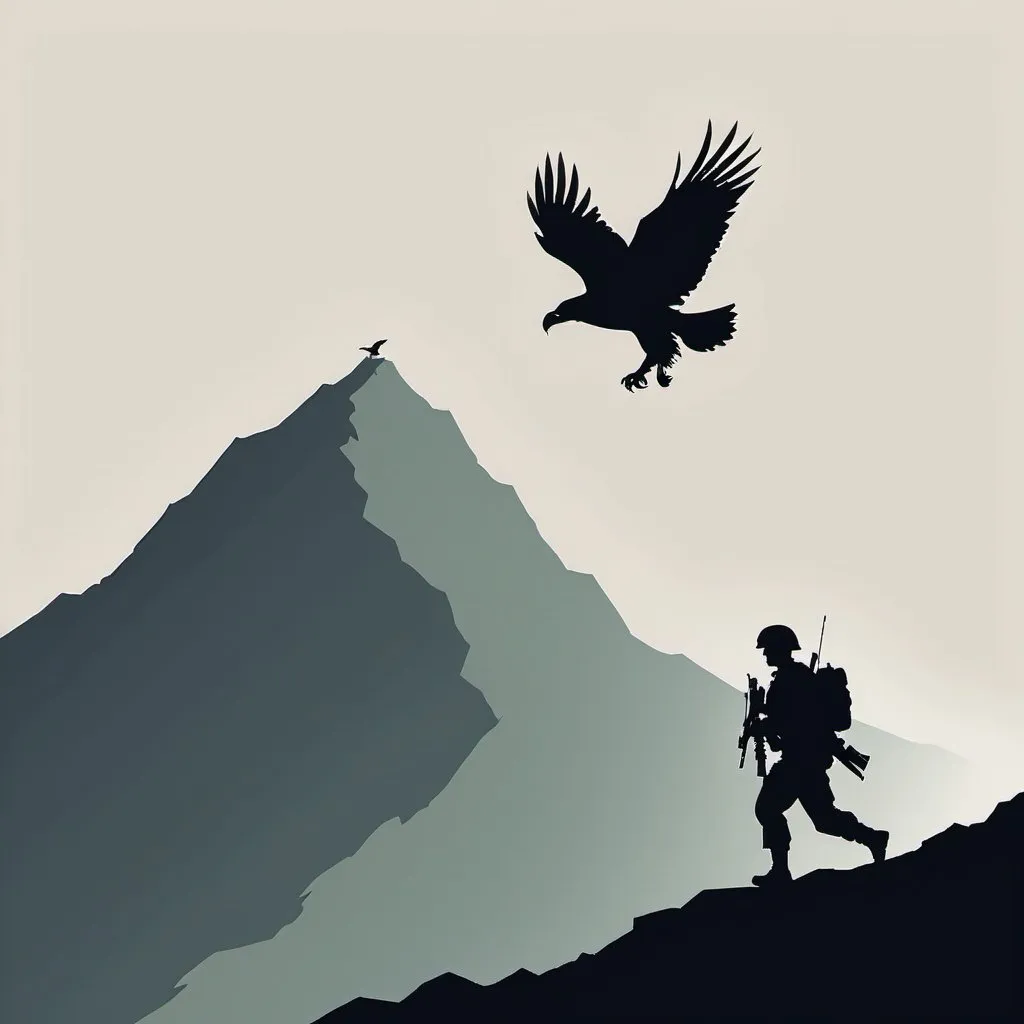 Prompt: minimalist army poster of a soldier running up a mountain with the shadow of an eagle filling the skyline

