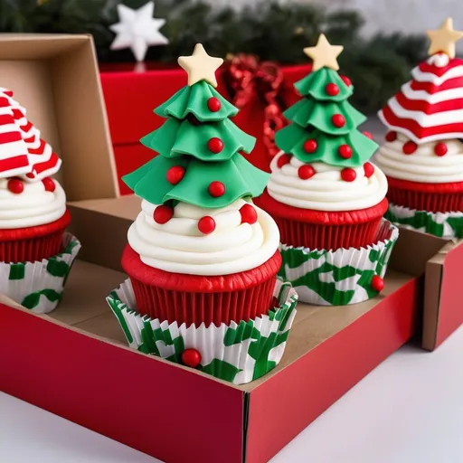 Prompt: Christmas themed cupcakes in boxes that look so appealing and tantalizing 