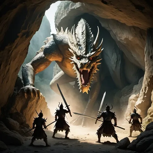 Prompt: men held their swords and approach a cave to fight with an ancient dragon.