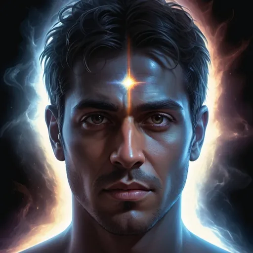 Prompt: Realistic illustration of a man with dual holy and dark energy, detailed facial features, half part of body radiating holy aura and the other half radiating dark aura, high quality, realistic style, contrasting colors, dramatic lighting, intense gaze, holy and dark energy, detailed expression, professional illustration