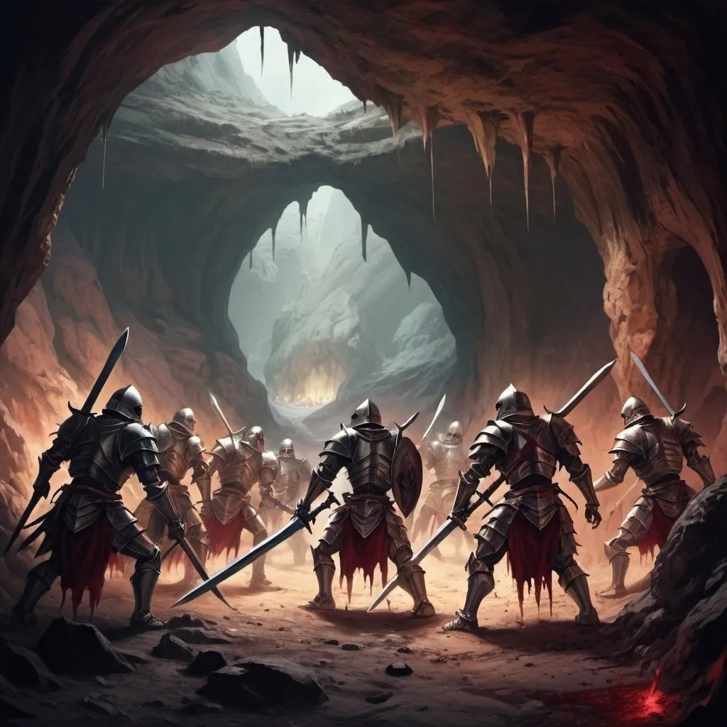 Prompt: holy knights held their swords and approach a cave to fight with an ancient monster, the cave is filled with strain of blood and remains of skeletons