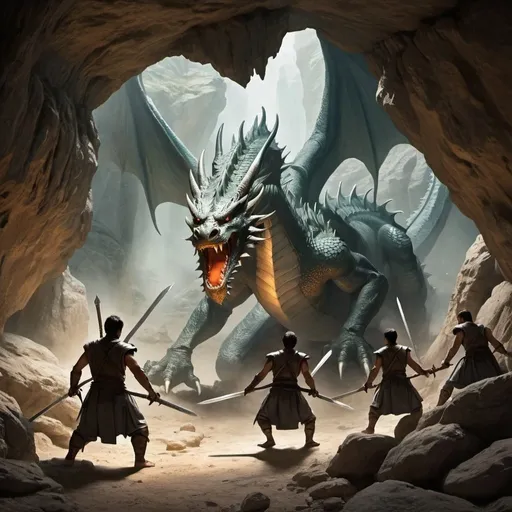 Prompt: men held their swords and approach a cave to fight with an ancient dragon.