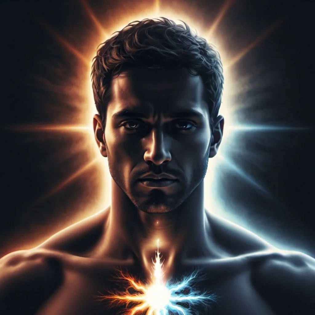 Prompt: Realistic illustration of a man with dual holy and dark energy, detailed body features and amour, half part of body radiating holy aura and the other half radiating dark aura, high quality, realistic style, contrasting colors, dramatic lighting, intense gaze, holy and dark enegy, professional illustration