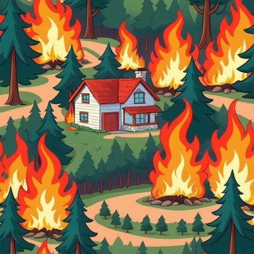 Prompt: Forest fire near a house.  In a happy cartoon style. 