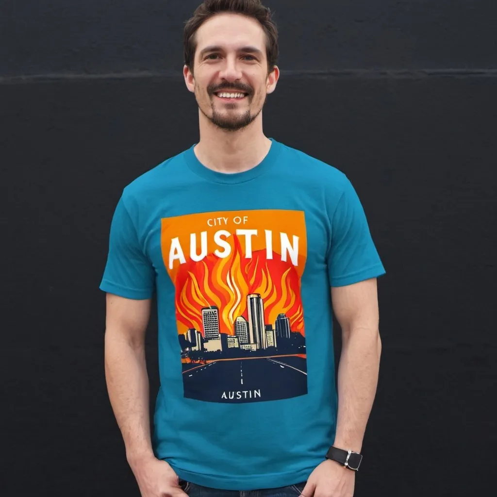 Prompt: T-shirt with City of Austin on fire