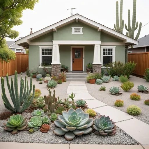 Prompt: A bungalow style house with 5 feet of gravel around the perimeter and no plants within 5 feet of the house.  Show a planting bed 5 feet away from the house about 3 feet deep along the front of the house with succulent plants in it. 