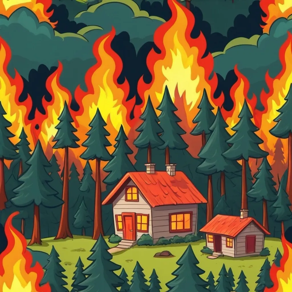 Prompt: Forest fire near a house.  In a happy cartoon style. 