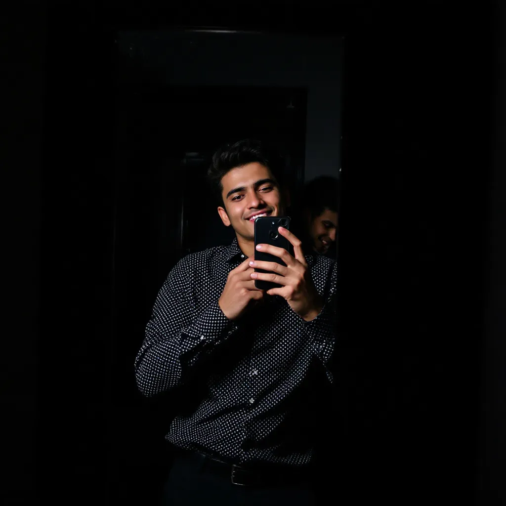 Prompt: In a dimly lit space, a young man takes a mirror selfie, his expression conveying a sense of confidence and a hint of playfulness. He wears a black and white patterned shirt with the collar turned up and dark trousers, capturing a casual style. Behind him, a couple of garments hang on a wall, hinting at the simplicity of the setting, characterized by a bare, unadorned wall that reflects the soft light. The mirror's surface is slightly smudged, adding a textured depth to the image, while the overall ambiance feels intimate and relaxed, speaking to a moment of self-appreciation.