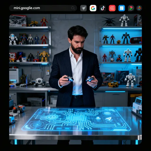 Prompt: This is a photograph of a man standing in a high-tech, dimly-lit laboratory or workshop. The man is centered in the image and is wearing a dark, pinstriped suit over a white dress shirt, with no tie. He has short, dark hair and a neatly trimmed beard. He is holding a small, futuristic-looking device in each hand, which he is examining closely. His expression is focused and serious.

The background features shelves filled with various sci-fi and futuristic toys, models, and gadgets, including a few action figures and robotic models. The shelves are illuminated by soft, blue lighting, which adds a cool, technological ambiance to the scene. 

In front of the man, there is a large, glowing, holographic interface projected on a table. The hologram displays intricate, blue-lit circuit diagrams and technological symbols, suggesting advanced technology. The table itself is modern and sleek, with a metallic finish. 

The overall color scheme of the image is dominated by shades of blue and gray, with the bright holographic display providing a focal point. The image has a futuristic, tech-savvy aesthetic, emphasizing themes of advanced technology and scientific innovation. The photograph is framed with a black border, and the top of the image displays a "mini.googlie.com" URL and various app icons.