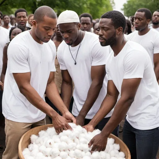 Prompt: black men colecting cotton and white man is manage black people