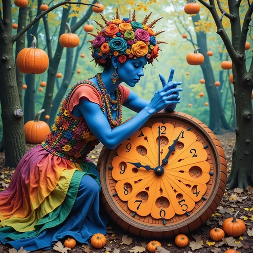 Prompt: Watercolour painting, surrealism style,  An image of a blue skinned bohemian rainbow goddess  using colourful smoky voodoo magic  on a melting clock transformed into a vibrant pumpkin, intricate details blending time and nature, warm colors with rich oranges and soft greens, dreamlike ambiance, whimsical atmosphere, soft lighting casting gentle shadows, enchanting forest background with playful elements, ultra-detailed, high-quality, imaginative composition.