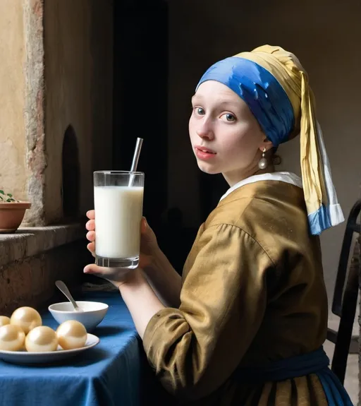 Prompt: The girl with the pearl earring vermeer 
drinks milk on an Italian terrace
 
