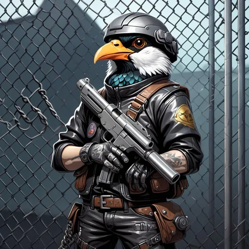 Prompt: a bird with a gun in its hand and a helmet on it's head, standing in front of a chain link fence, Ay-O, rococo, cyberpunk style, cyberpunk art