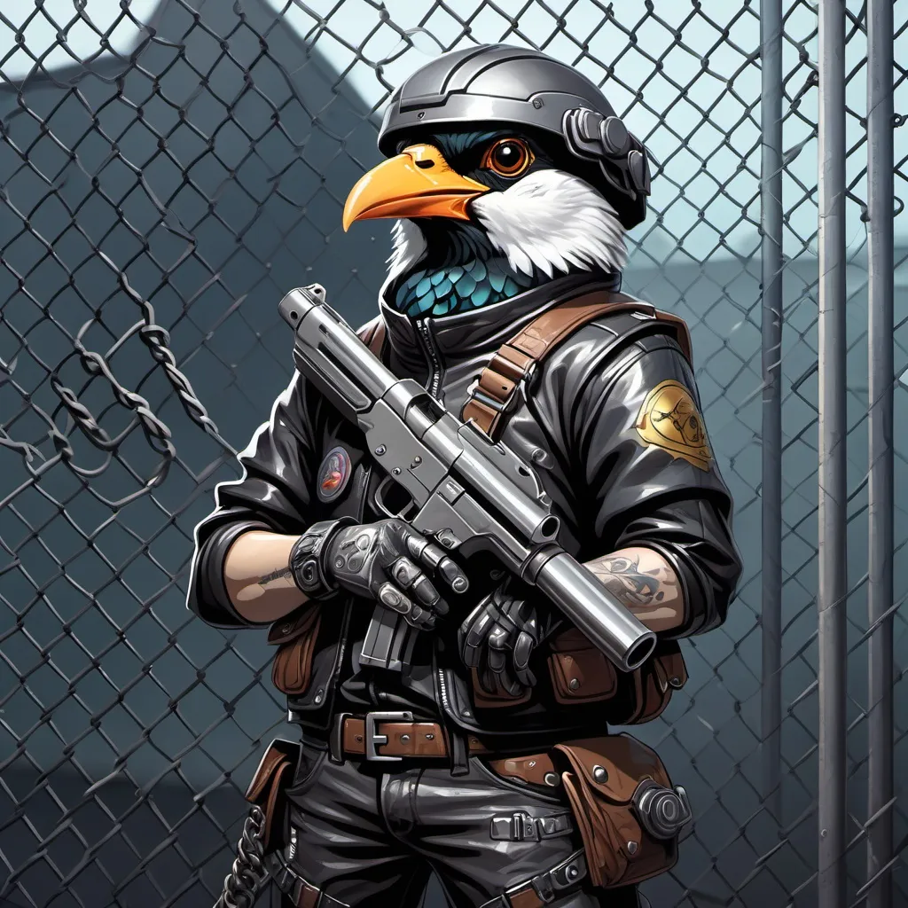 Prompt: a bird with a gun in its hand and a helmet on it's head, standing in front of a chain link fence, Ay-O, rococo, cyberpunk style, cyberpunk art