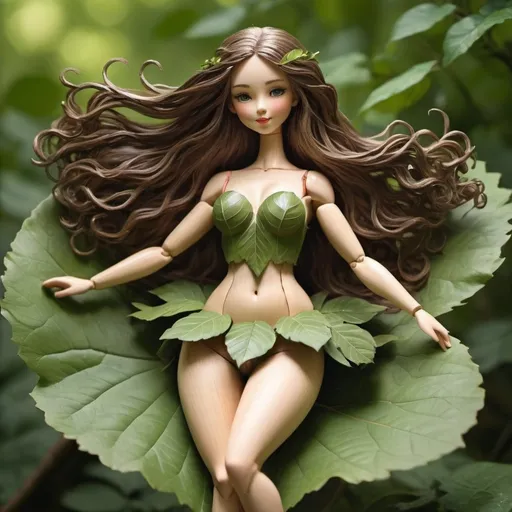 Prompt: A Perfect Long hair big girl made by wood dancing on a leaf looking luxurious