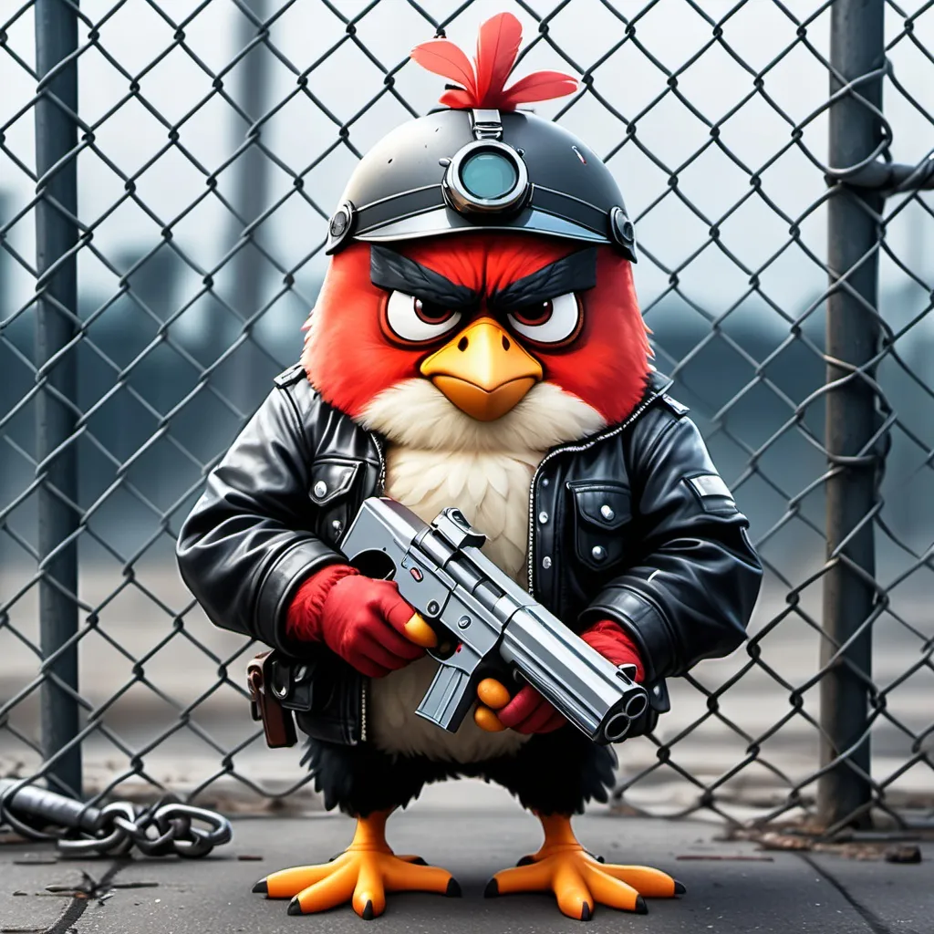 Prompt: a angry bird with a gun in its hand and a helmet on it's head, standing in front of a chain link fence, Ay-O, rococo, cyberpunk style, cyberpunk art