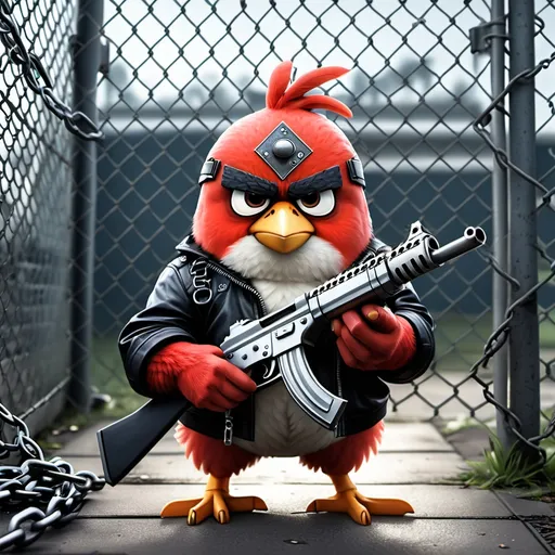 Prompt: a angry bird with a gun in its hand and a helmet on it's head, standing in front of a chain link fence, Ay-O, rococo, cyberpunk style, cyberpunk art